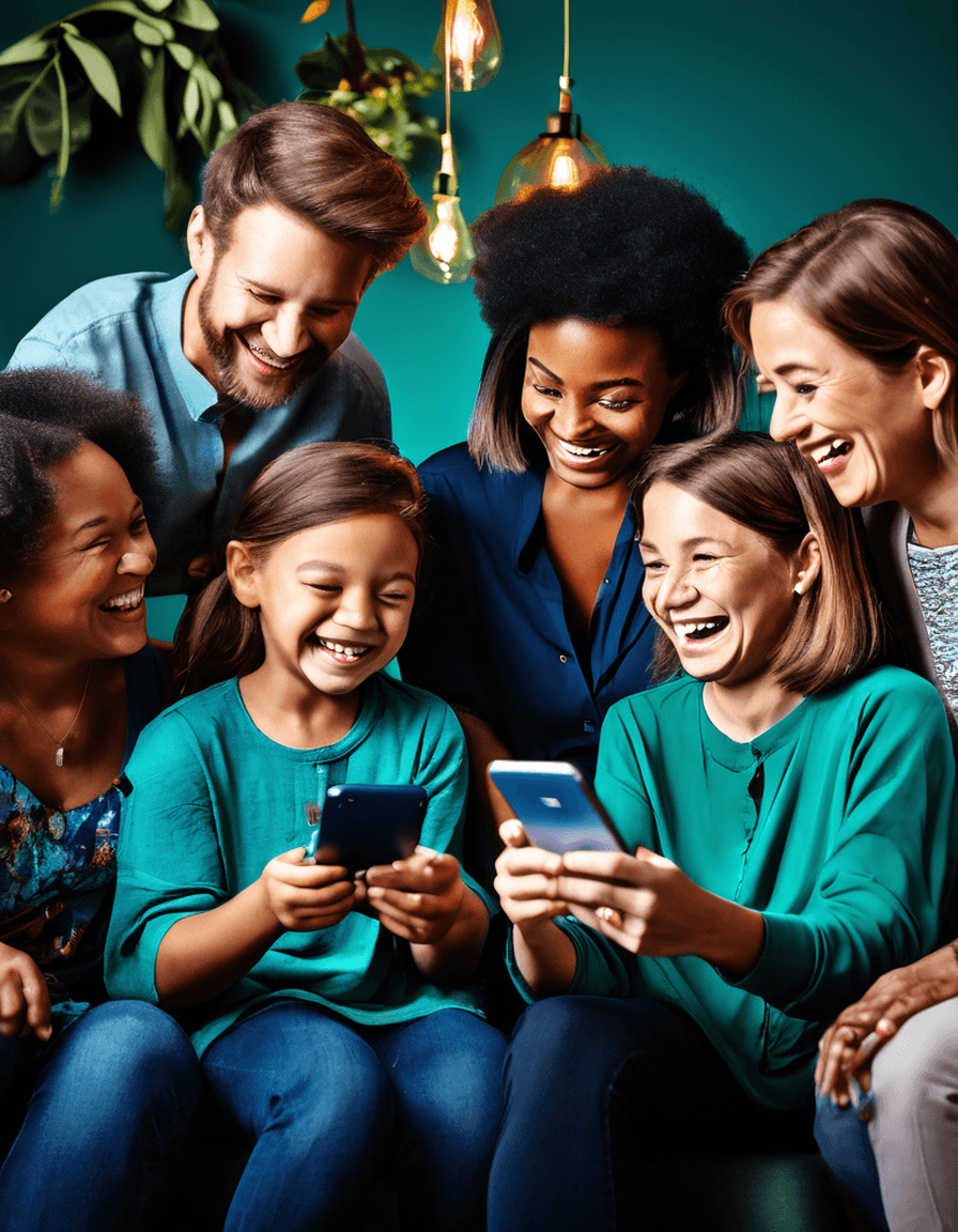 Family members together sharing stories on a phone app
