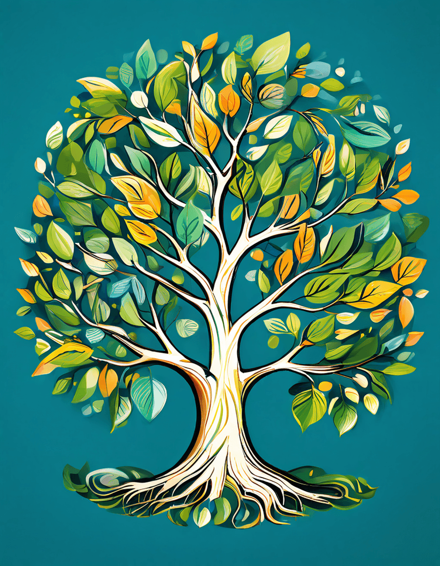 Colorful digital family tree with photos as leaves
